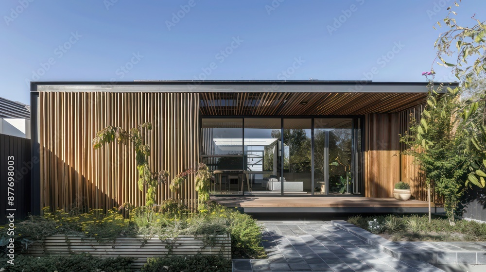 Contemporary suburban home with a fa? section ade that features dynamic wooden slats which adjust to control sunlight and privacy Contemporary suburban home with a fa? section ade that features dynamic wooden slats which adjust to control sunlight and privacy