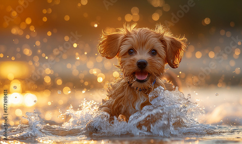 joyful little dog playing on beach, chasing waves , wet fur. © cyishu
