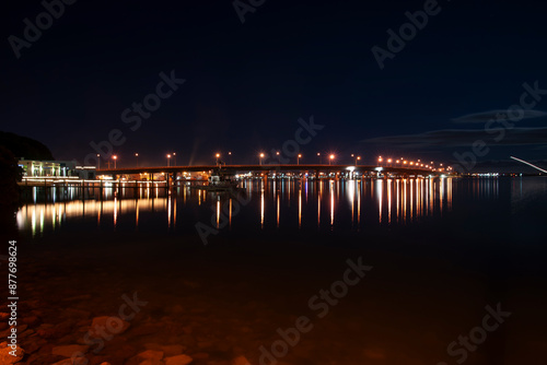 Tauranga Harbour Bridge illuminated at night