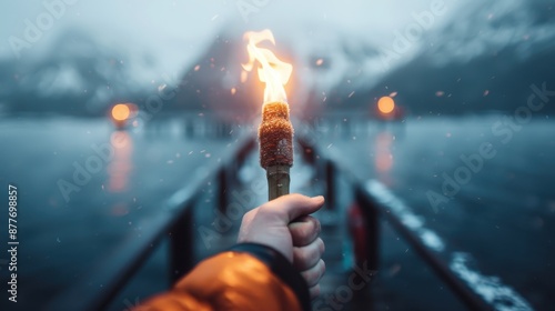 An evocative image featuring a torch held towards a backdrop of snowy mountains from a foggy pier, symbolizing guidance, adventure, and the pursuit of the unknown in a serene setting. photo