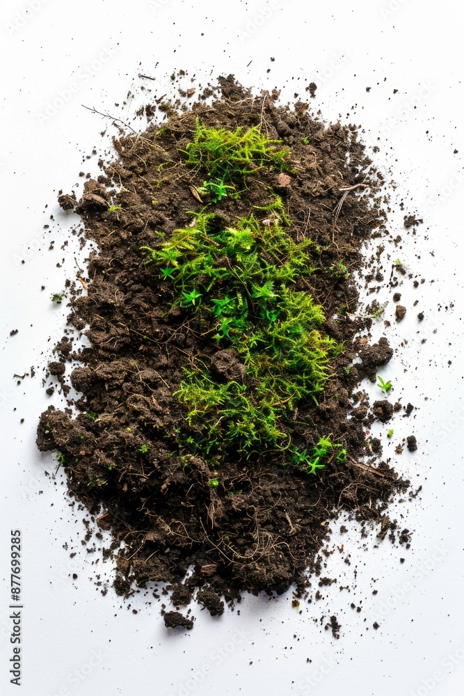 A small green plant grows out of a pile of dirt, symbolizing new life and growth A small green plant grows out of a pile of dirt, symbolizing new life and growth