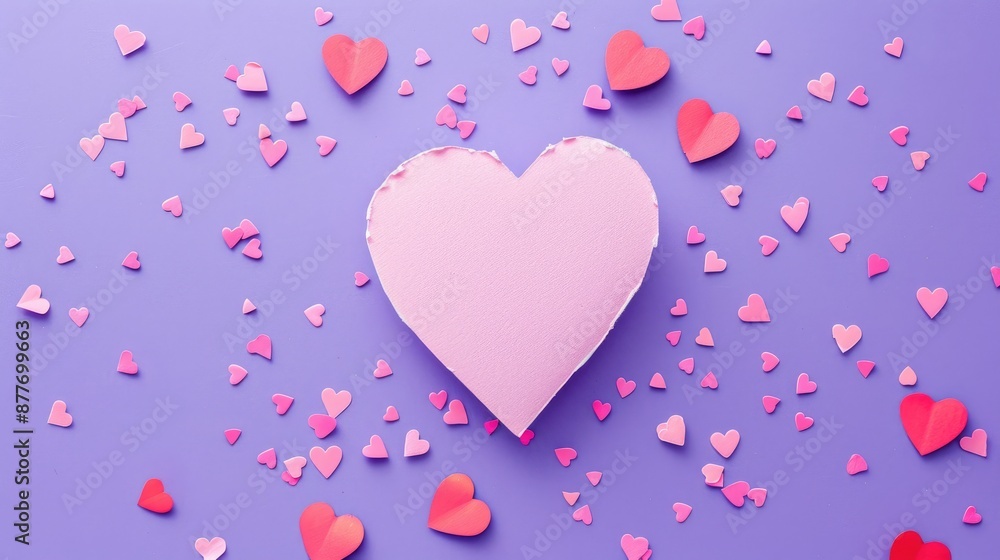 Pink heart paper surrounded by small hearts on purple backdrop Pink heart paper surrounded by small hearts on purple backdrop