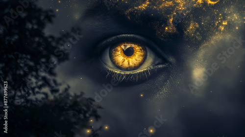 Eye Shining in the Night Filled with Wisdom and Curiosity
