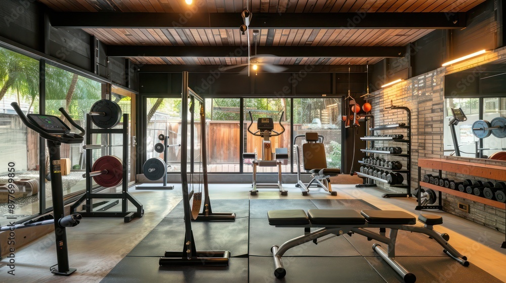 Mid-century modern suburban garage converted into a boutique home gym with vintage sports equipment and retro decor Mid-century modern suburban garage converted into a boutique home gym with vintage sports equipment and retro decor