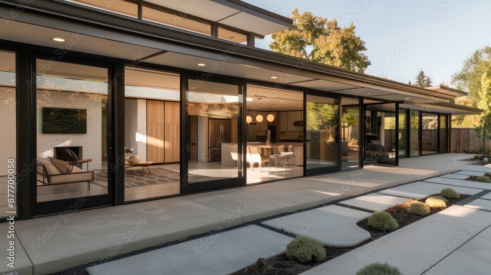 Mid-century modern suburban home with a seamless blend of indoor and outdoor spaces, featuring large sliding doors and a covered patio