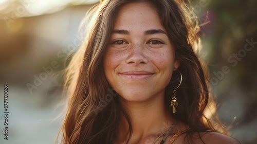 A close-up shot of a woman with long hair and facial features