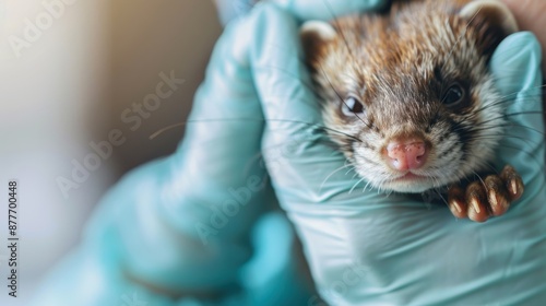 A close-up of a ferret being held by gloved hands, presumably during a veterinary check-up, showing its face and part of its paws in clear focus. photo