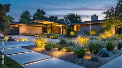 Mid-century modern suburban front yard with an automated sprinkler system and lighting that highlights the home s unique architecture