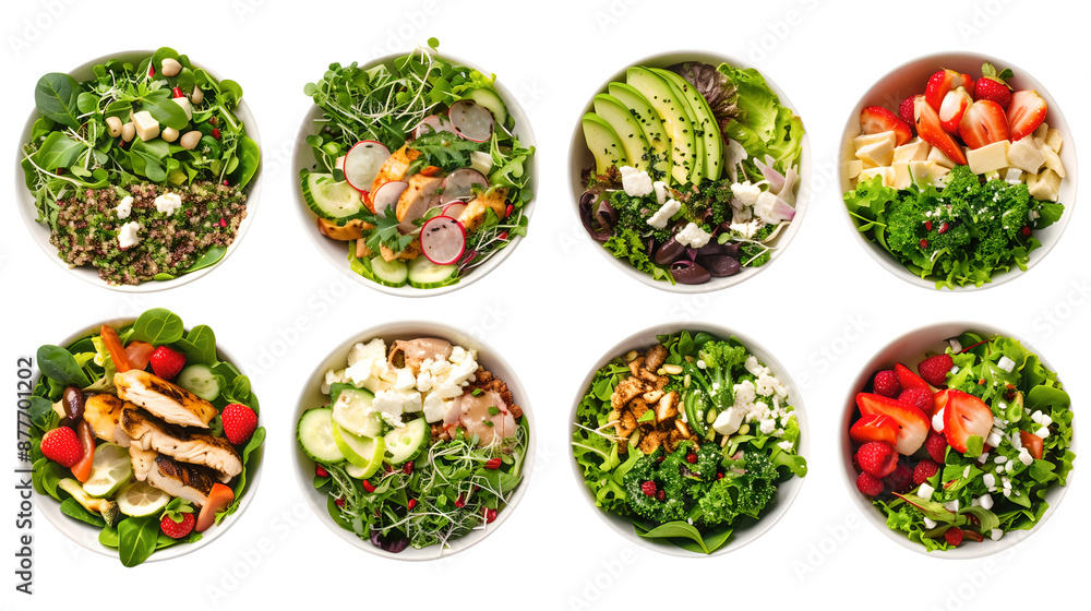 Assorted fresh salads with various toppings in white bowls.
Assorted fresh salads with various toppings in white bowls.