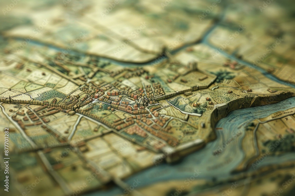 Detailed antique map showing a fortified city with a river running through it, surrounded by countryside Detailed antique map showing a fortified city with a river running through it, surrounded by countryside