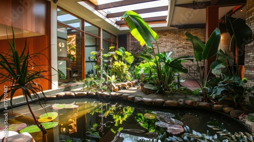 Mid-century modern suburban home with an indoor atrium featuring a small pond and a collection of exotic plants photo