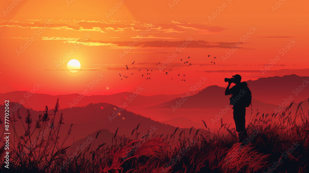 Silhouette of a photographer with binoculars, capturing a breathtaking sunset over rolling hills and birds in the sky. Silhouette of a photographer with binoculars, capturing a breathtaking sunset over rolling hills and birds in the sky.
