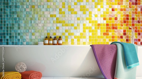 Modern bathroom with colorful mosaic tile wall, vibrant towels, and stylish accessories photo