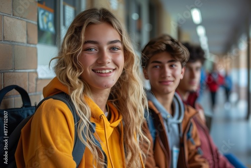 Smiling Teen Girl In Yellow Hoodie With Friends In School Hallway