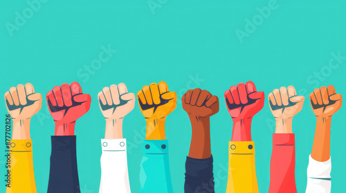 Illustration of diverse hands raised in solidarity, symbolizing unity, diversity, and collective strength in a colorful manner.
