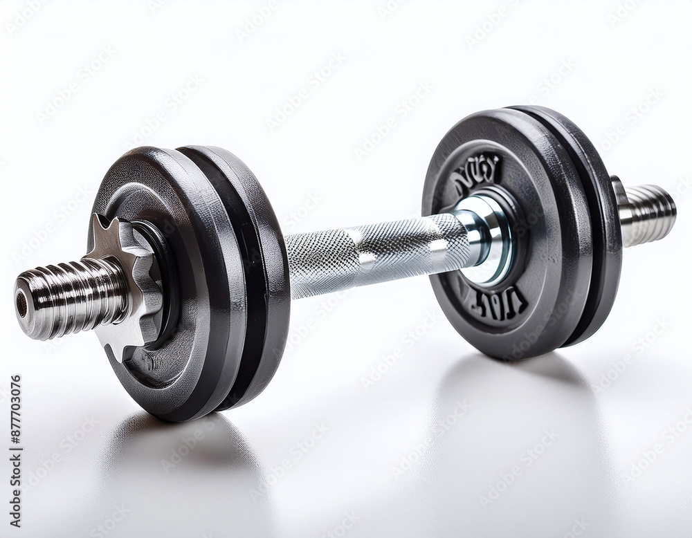 A sleek dumbbell rests on a reflective surface A sleek dumbbell rests on a reflective surface