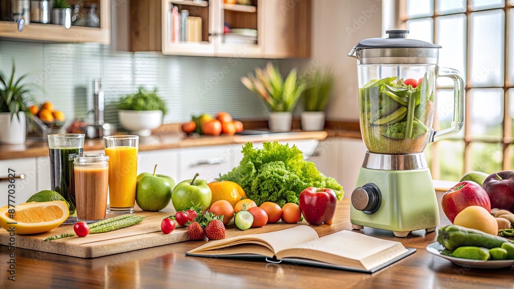 Fresh fruits and vegetables surround a modern blender on a sleek kitchen counter, with a half-prepared healthy smoothie and a recipe book nearby. Fresh fruits and vegetables surround a modern blender on a sleek kitchen counter, with a half-prepared healthy smoothie and a recipe book nearby.