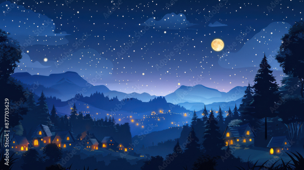 Fototapeta premium A serene night scene featuring a starry sky, a bright full moon, and a quaint village nestled among mountains.
