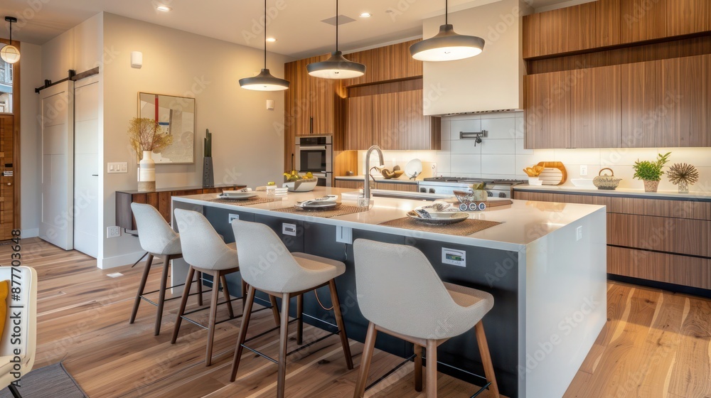 Mid-century modern suburban kitchen with an island that doubles as a casual dining area and includes pop-up electrical outlets Mid-century modern suburban kitchen with an island that doubles as a casual dining area and includes pop-up electrical outlets