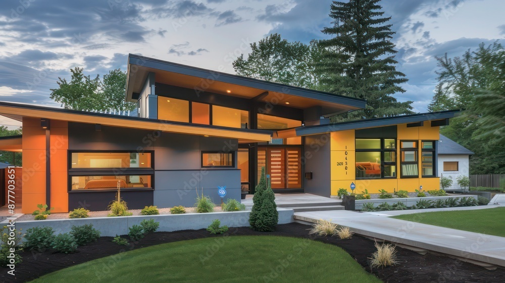 Mid-century modern suburban home with a color-blocked exterior, featuring bold colors and clean lines for a striking visual impact Mid-century modern suburban home with a color-blocked exterior, featuring bold colors and clean lines for a striking visual impact