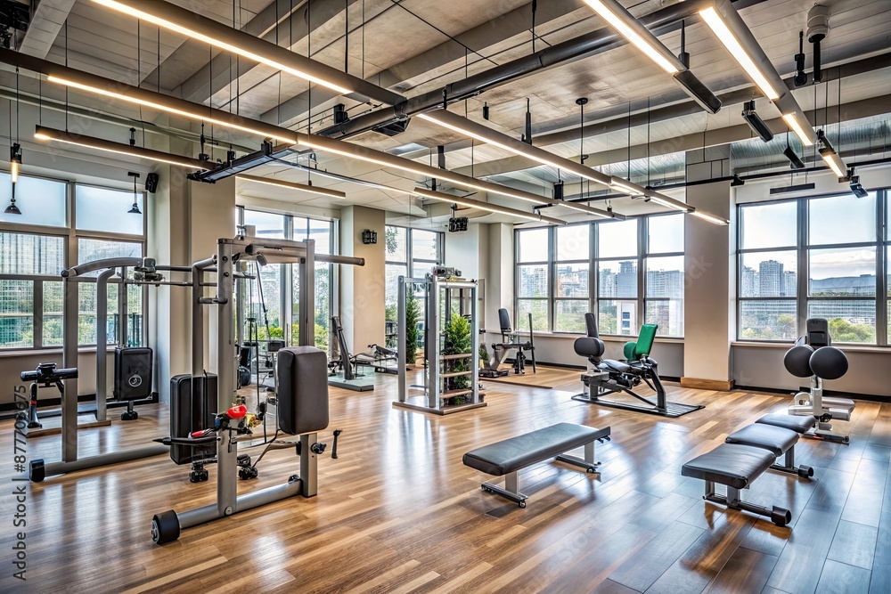 Fototapeta premium Empty modern fitness studio filled with exercise equipment and natural light, awaiting a group of athletes and fitness enthusiasts to start their workout routine.