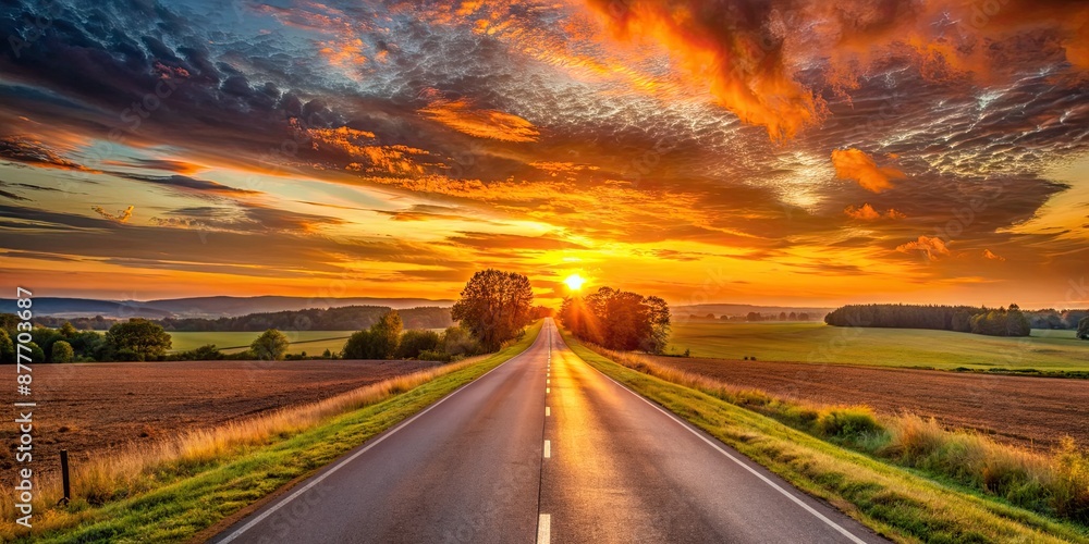 Naklejka premium A serene and peaceful rural landscape with an empty road stretching into the distance, illuminated by a warm and vibrant orange sunset sky.
