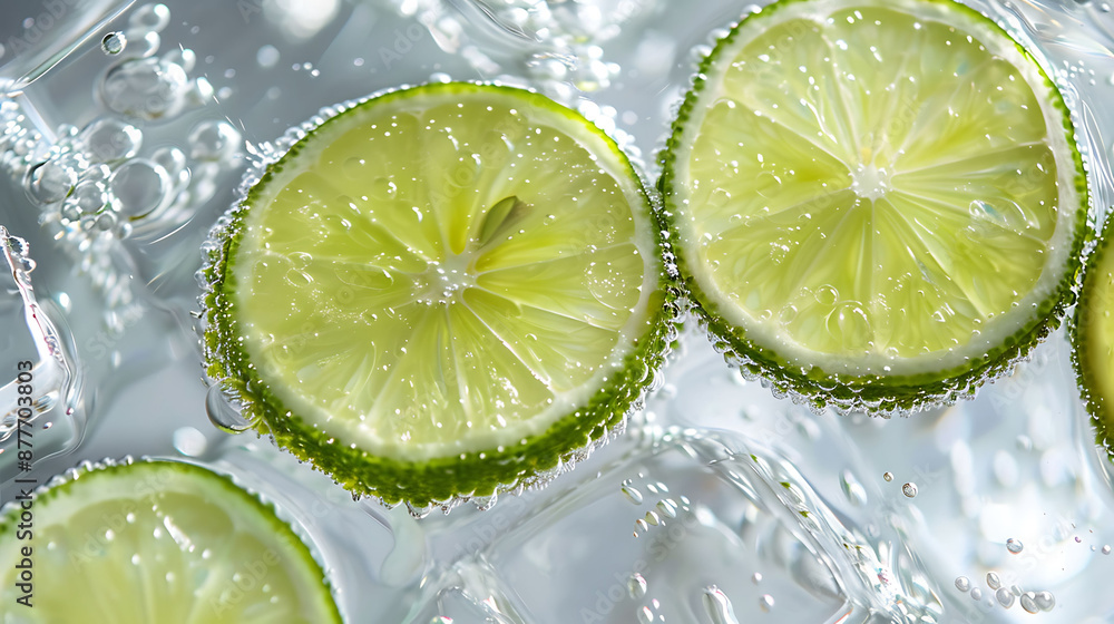 Refreshing lime slices floating in sparkling water with bubbles Refreshing lime slices floating in sparkling water with bubbles