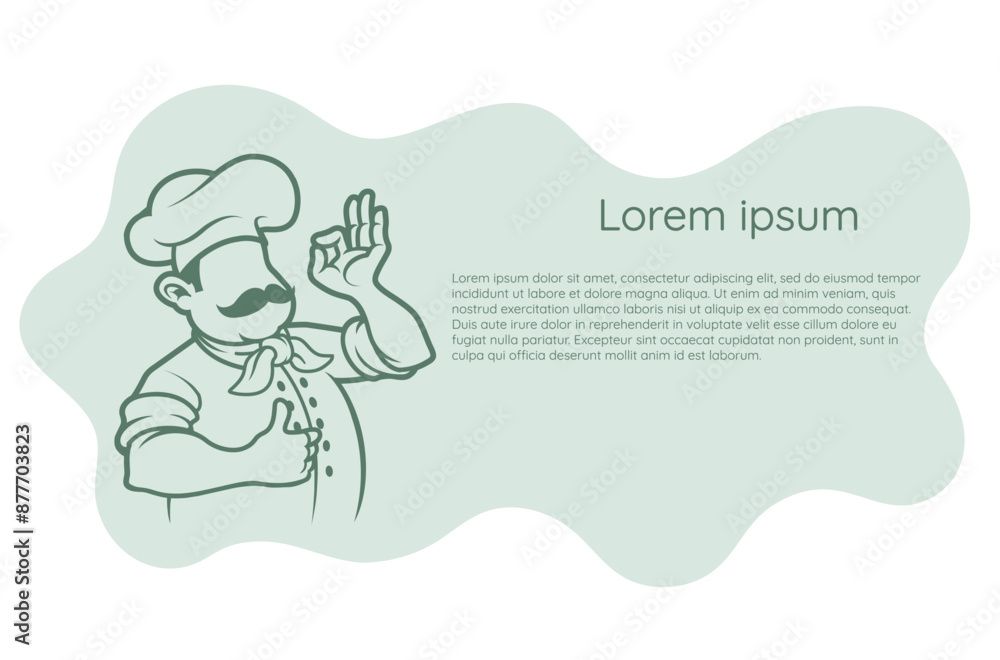Stylized chef big mustache men uniform showing okay gesture sign with his hand, flat vector illustration Stylized chef big mustache men uniform showing okay gesture sign with his hand, flat vector illustration