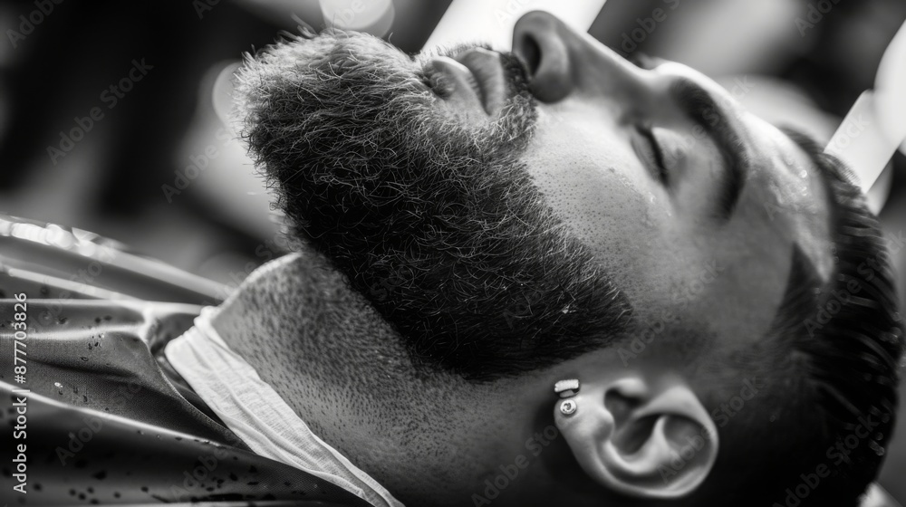 A man lies back in a barber chair with his eyes closed, relaxing during a haircut. A man lies back in a barber chair with his eyes closed, relaxing during a haircut.