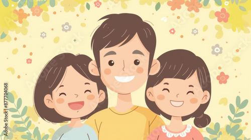 Adorable illustration of a smiling family with two children, set against a cheerful floral background, conveying happiness and warmth.