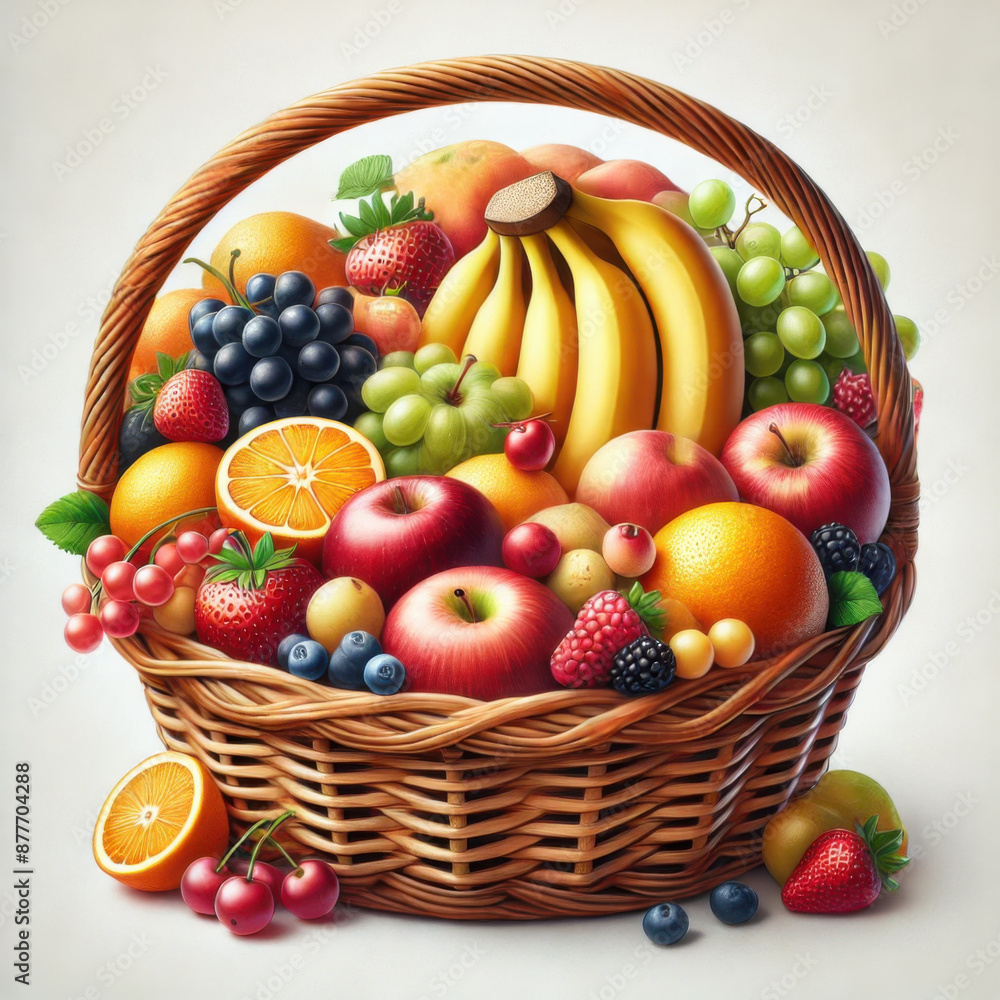A colorful wicker basket filled with a variety of fresh fruits, including apples, bananas, grapes, oranges, and berries. A colorful wicker basket filled with a variety of fresh fruits, including apples, bananas, grapes, oranges, and berries.