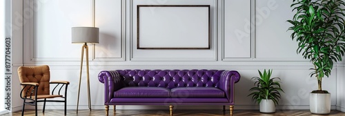 A living room with a purple couch and a picture frame on the wall