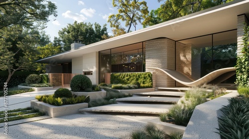 Mid-century modern suburban entry with a custom, sculptural gate and a series of small, landscaped terraces leading to the front door