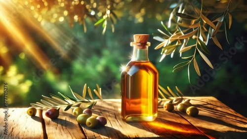 Liquid Gold: Nature's Essence in a Bottle. Sun-Kissed Olive Oil, the Heart of Gastronomy. The Purest Taste of the Mediterranean Craft	 photo