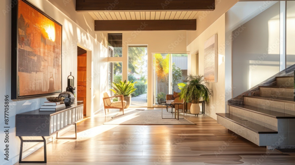 Mid-century modern suburban entryway with a dramatic ceiling height, a statement art piece, and a welcoming tone Mid-century modern suburban entryway with a dramatic ceiling height, a statement art piece, and a welcoming tone