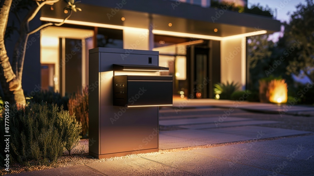 A modern mailbox with integrated lights stands brightly against a backdrop of a modern home at night. A modern mailbox with integrated lights stands brightly against a backdrop of a modern home at night.