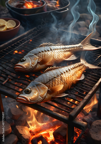 Tambaqui fish roasted over coals. photo