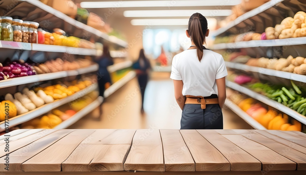Woman Standing in Supermarket with Wooden Table Woman Standing in Supermarket with Wooden Table
