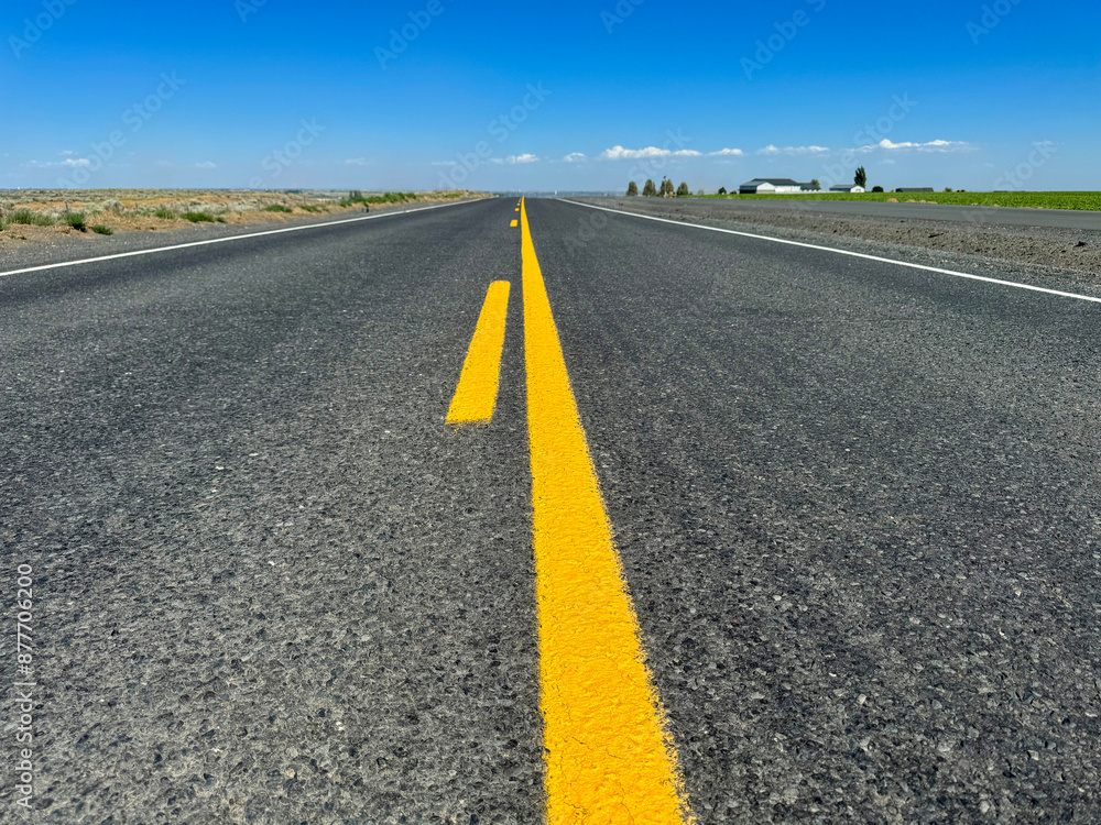 Obraz premium Road to nowhere. Empty rural asphalt road with yellow lines among fields