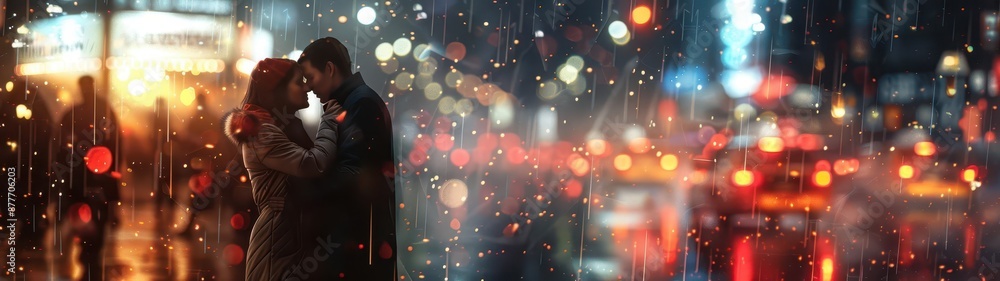 Obraz premium couple kissing in the rain in a city at night