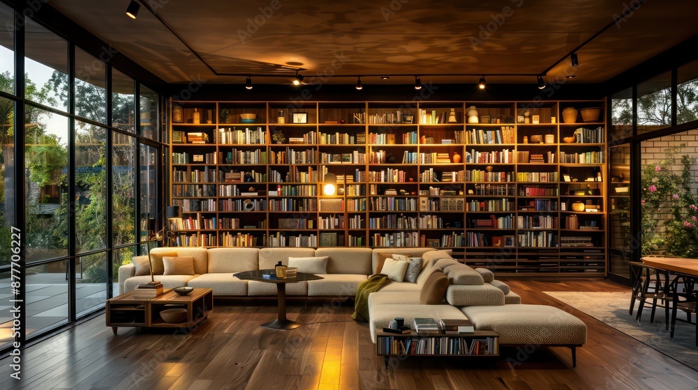 Mid-century modern suburban living room with floor-to-ceiling bookshelves, a modular sofa, and ambient track lighting Mid-century modern suburban living room with floor-to-ceiling bookshelves, a modular sofa, and ambient track lighting