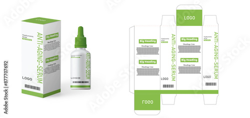 Green Acid Packaging box design template layout with Box die line, icon, frames and Design Illustration, Vector design Template image of cosmetic bottle and box.