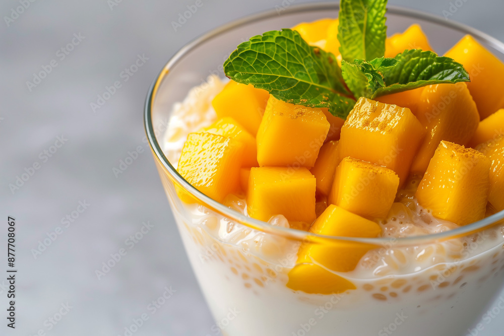 Mango Coconut Milk Dessert in Glass Close Up Mango Coconut Milk Dessert in Glass Close Up