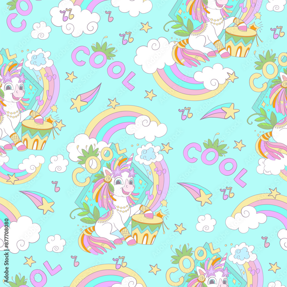 Cute unicorn with a drum seamless pattern vector Illustration Cute unicorn with a drum seamless pattern vector Illustration