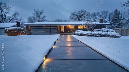 Mid-century modern suburban driveway with heated concrete for snow melting and embedded LED lighting for guidance at night © Ramzan
