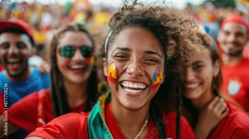 Joyful sports fans with face paint and flags, smiling and celebrating at a lively outdoor event.