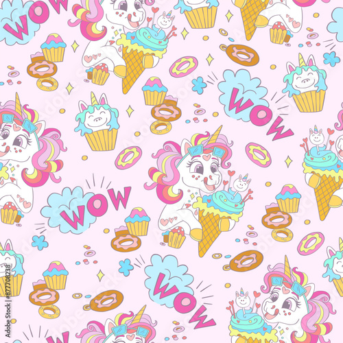Seamless pattern sweet tooth unicorns vector background