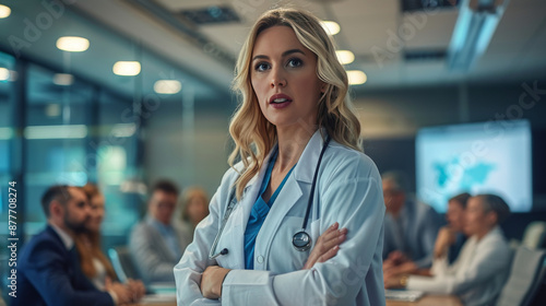 A confident female doctor in a white coat with a stethoscope, standing in a conference room with colleagues in the background.