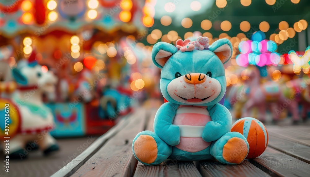 Adorable Plush Toy Bear at a Festive Carnival with Lights and a Carousel in the Background, Amusing Beasts Causing Joy at a Magical Fair Adorable Plush Toy Bear at a Festive Carnival with Lights and a Carousel in the Background, Amusing Beasts Causing Joy at a Magical Fair