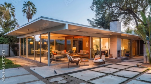 Mid-century modern suburban home with a covered outdoor lounge that integrates indoor-outdoor living